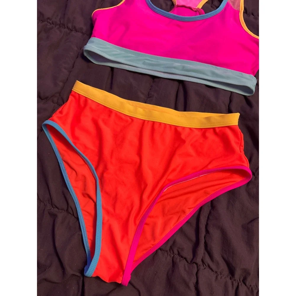 Women's Colorblock Racerback High Waist Bikini Swimsuit Pink Orange Size M